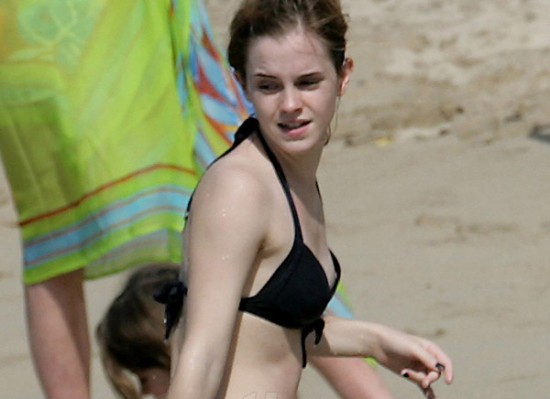 Emma Watson nip slip Here is Emma Watson wearing a black bikini and showing