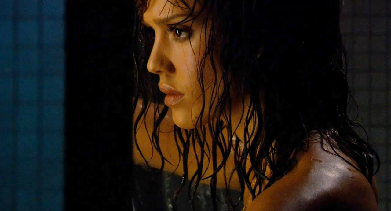 Jessica Alba in the Machete (2010) shower scene, wet hair and tiled stall
