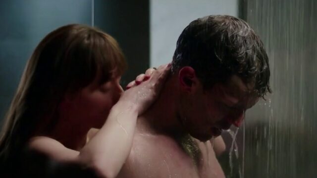 Dakota Johnson as Anastasia Grey in the bathroom in the Fifty Shades Freed shower scene (2018)