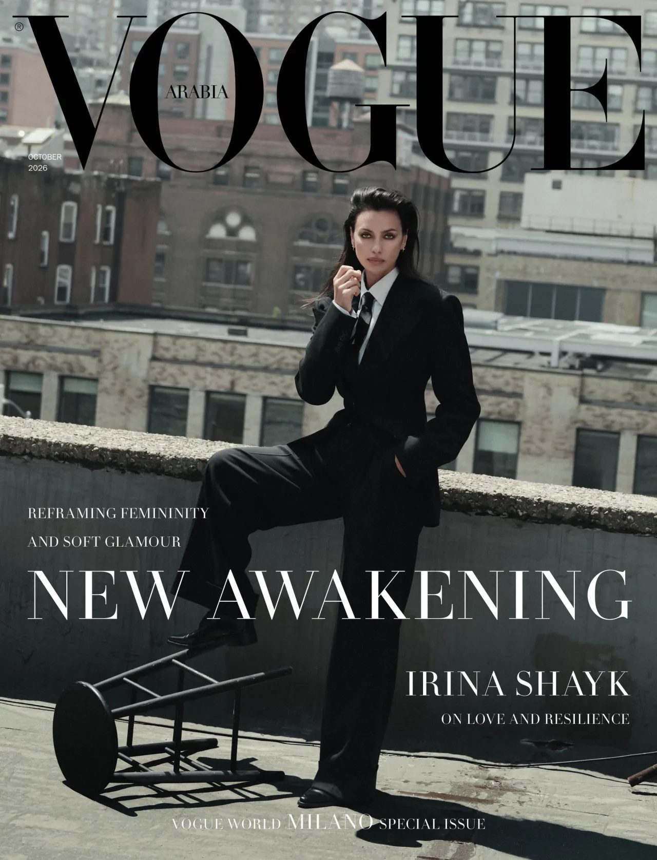 Irina Shayk in a floral-embellished dark look for Vogue Arabia October 2026