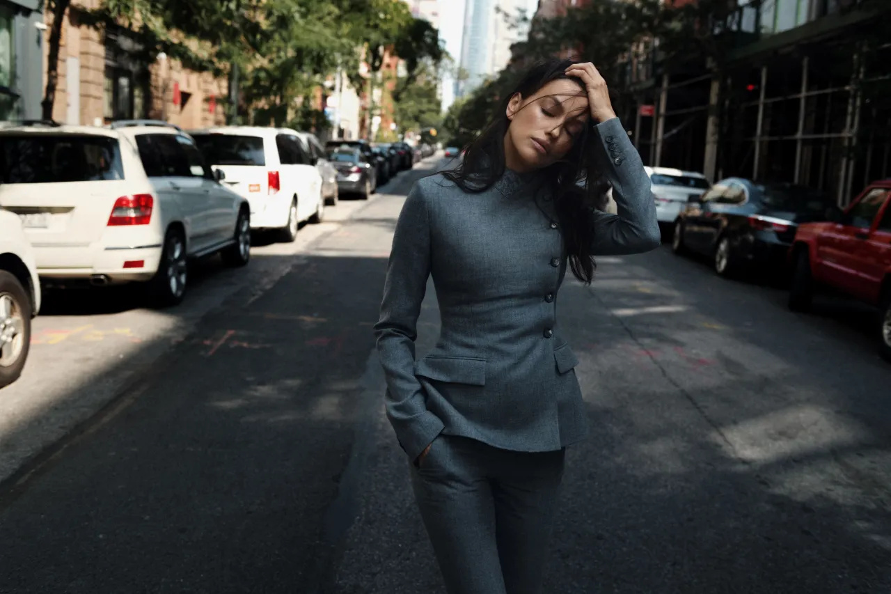 Irina Shayk against New York architecture in the Vogue Arabia October 2026 shoot