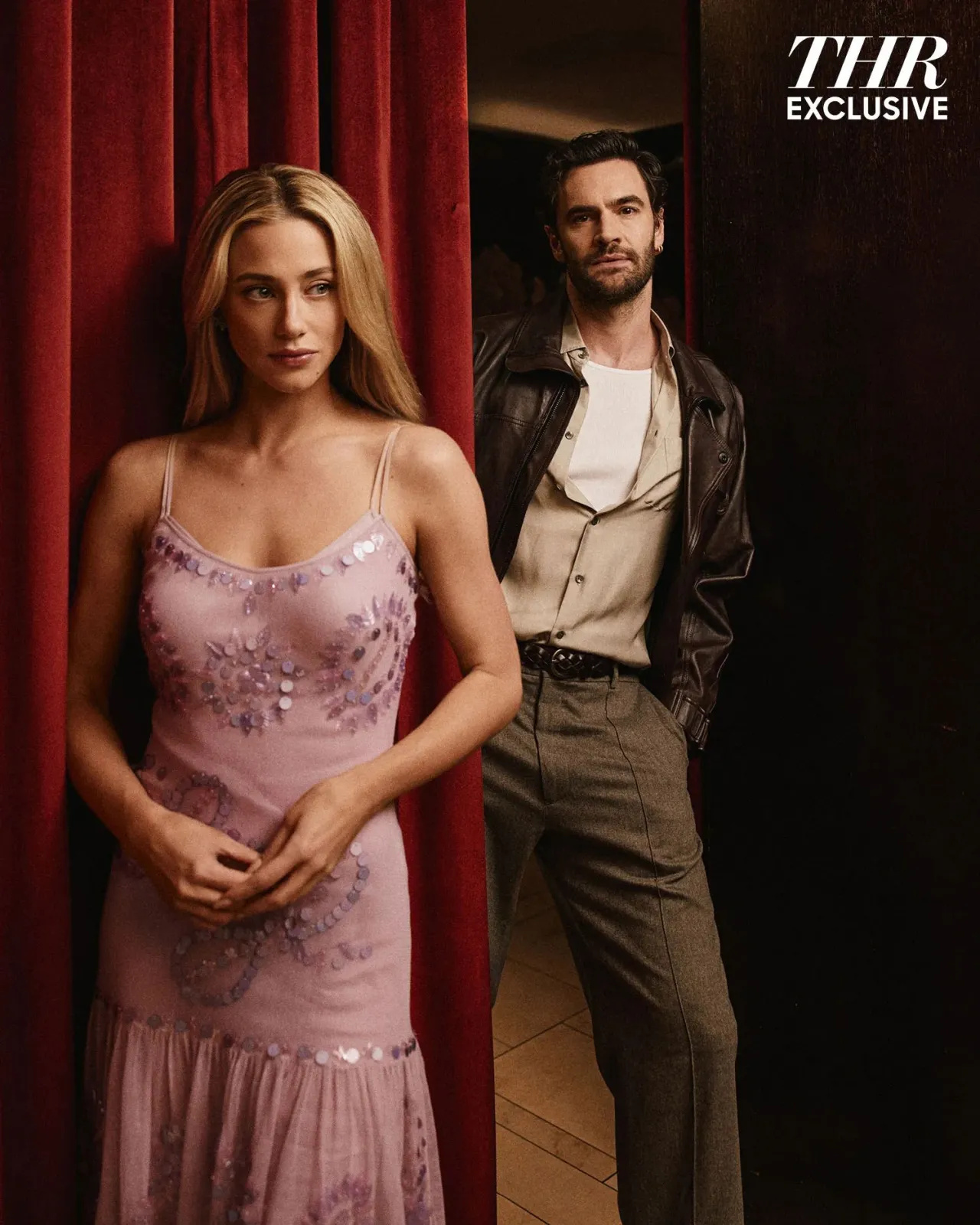 Lili Reinhart in embellished lilac Moschino slip dress against a red velvet curtain for The Hollywood Reporter