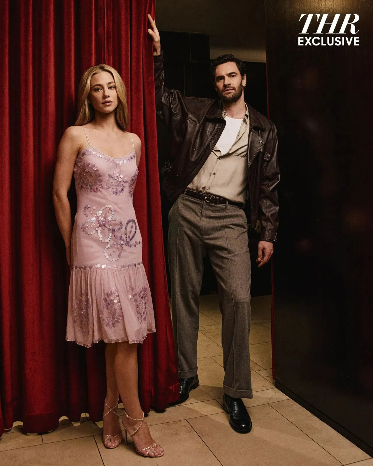 Lili Reinhart in vintage Moschino lilac dress with co-star for The Hollywood Reporter September 2026 portrait