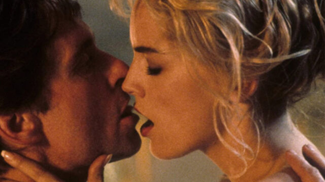 Sharon Stone as Catherine Tramell kissing Michael Douglas in Basic Instinct (1992)