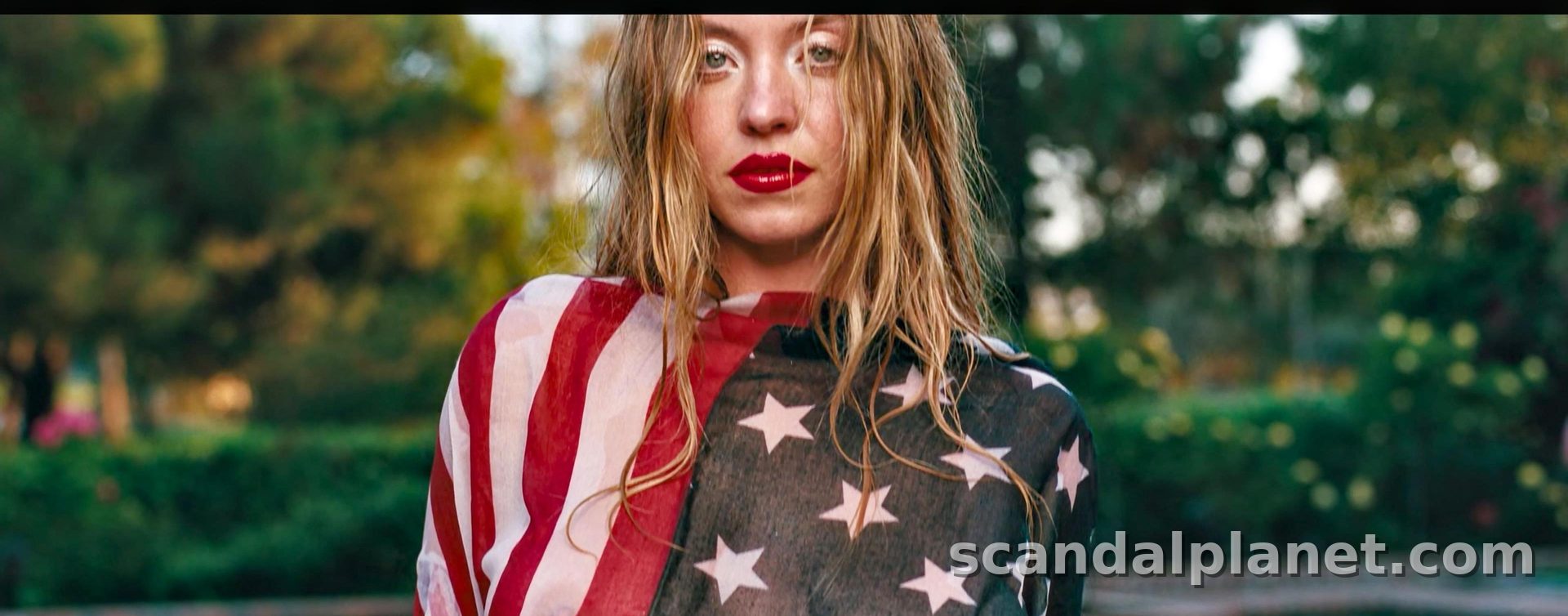Sydney Sweeney as Cassie in Euphoria season 3, wrapped in the stars and stripes
