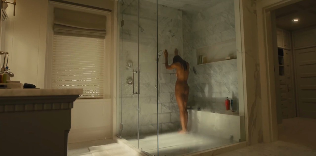 Zoe Saldaña as Joe McNamara in the shower, Lioness season 3 premiere (2026)