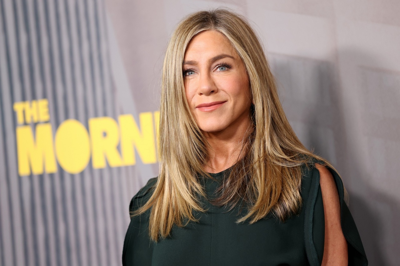 Jennifer Aniston close portrait, long highlighted hair, at The Morning Show FYC event, June 2026