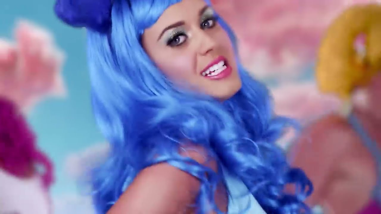 Katy Perry in a bright blue wig in Candyfornia, California Gurls video (2010)