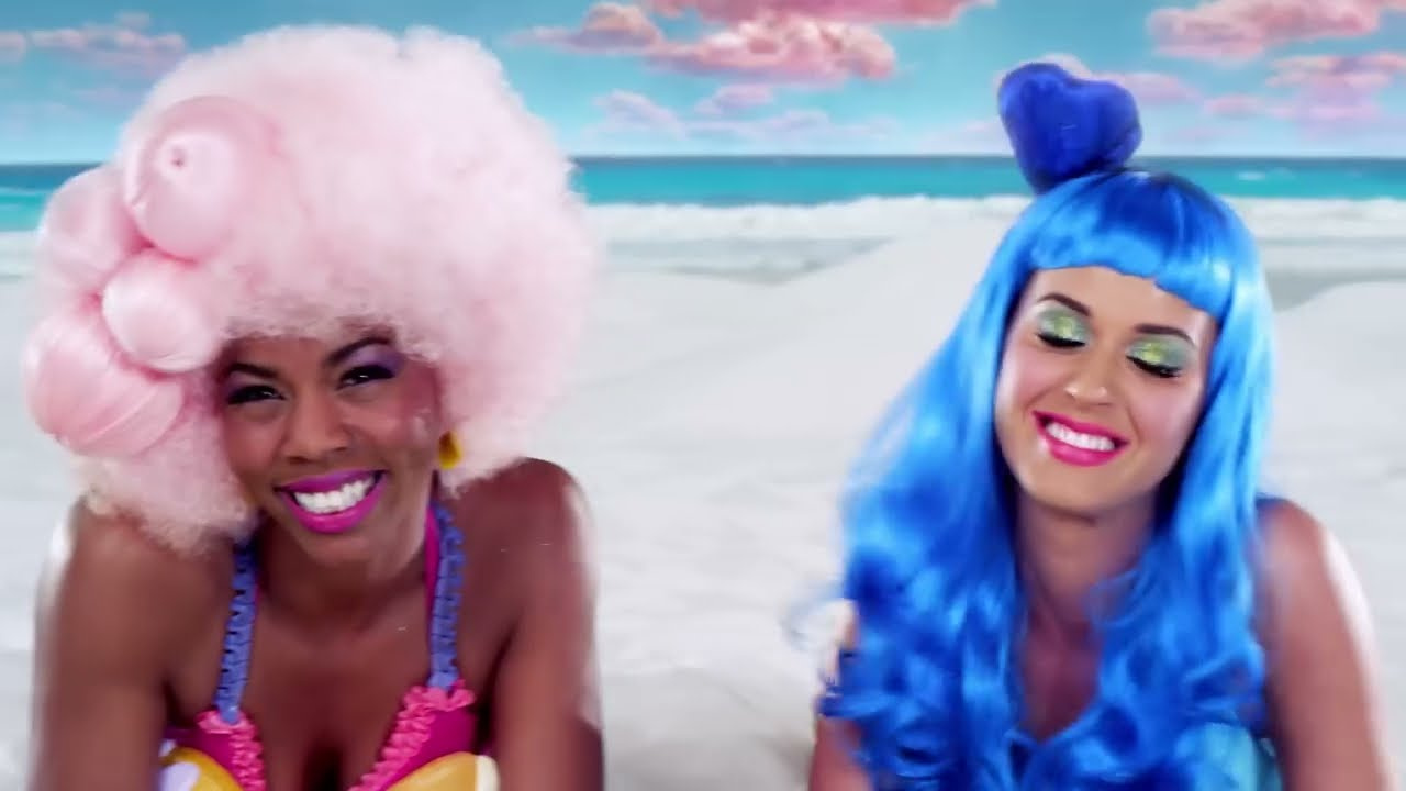Katy Perry in a blue wig with one of the Queens of Candyfornia, California Gurls (2010)